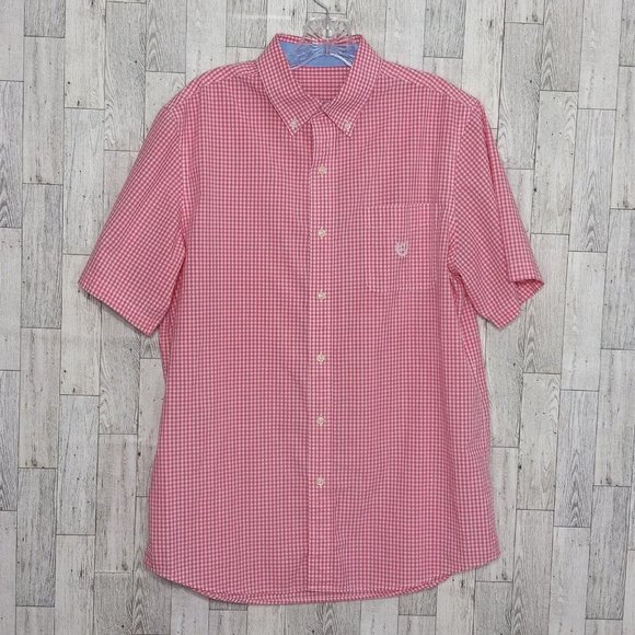 Chaps Shirt Men's Medium Button Up Pink Plaid Short Sleeve Dadcore Camp Outdoor - Picture 2 of 12